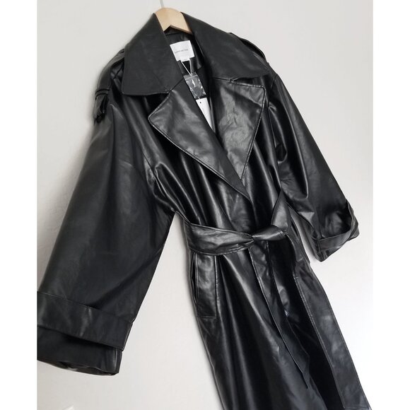 NEW Lovers and Friends Barrett Faux Leather Long Coat Black Belted Oversized S - Picture 11 of 16